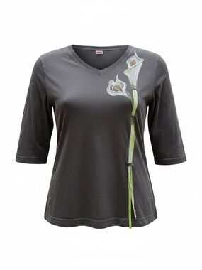 LAT Long Sleeve V-Neck Women’s Shirt with Floral Stem Detail - Gray - L